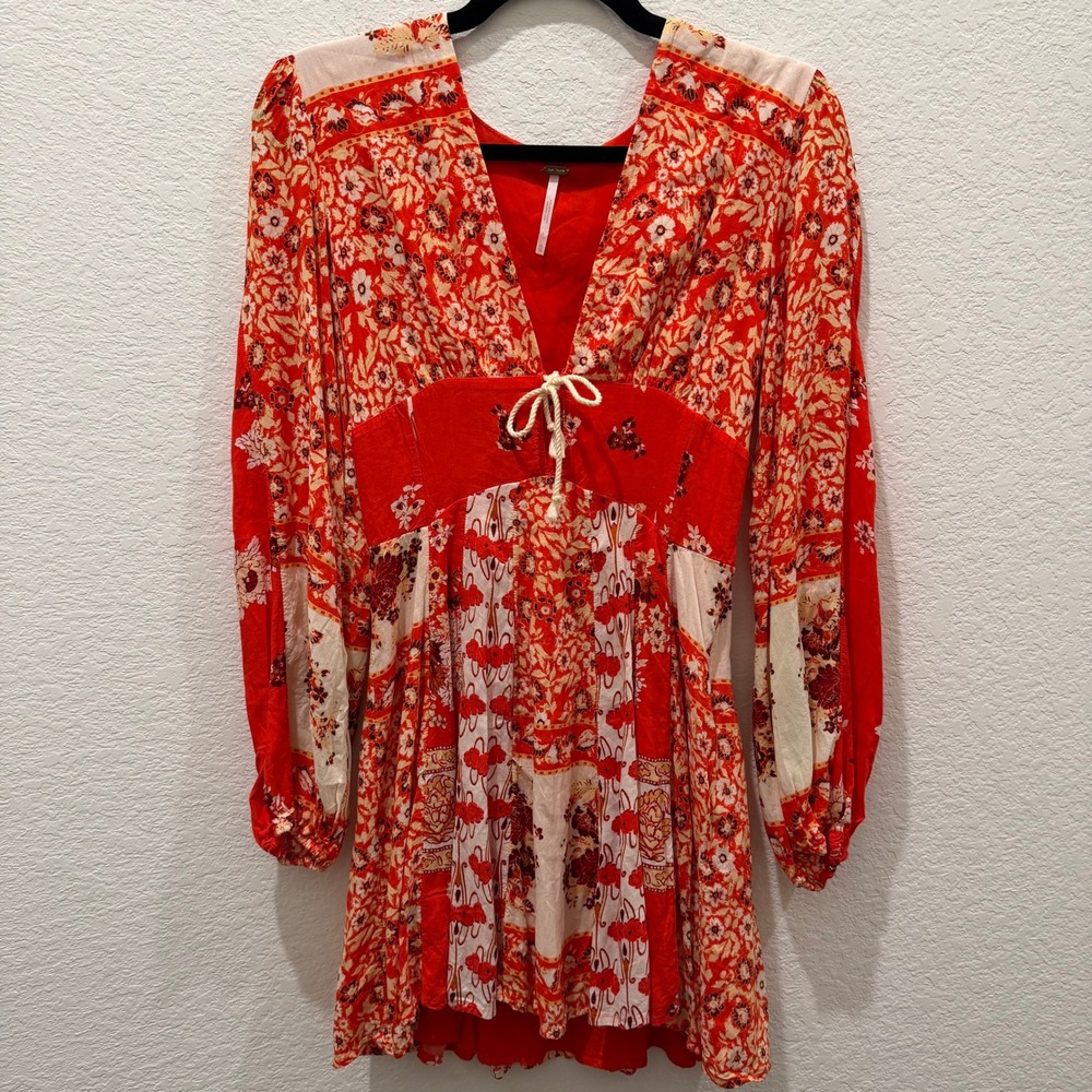 Free People Red Floral Patchwork V-Neck Mini Dress Long Sleeve Boho XS